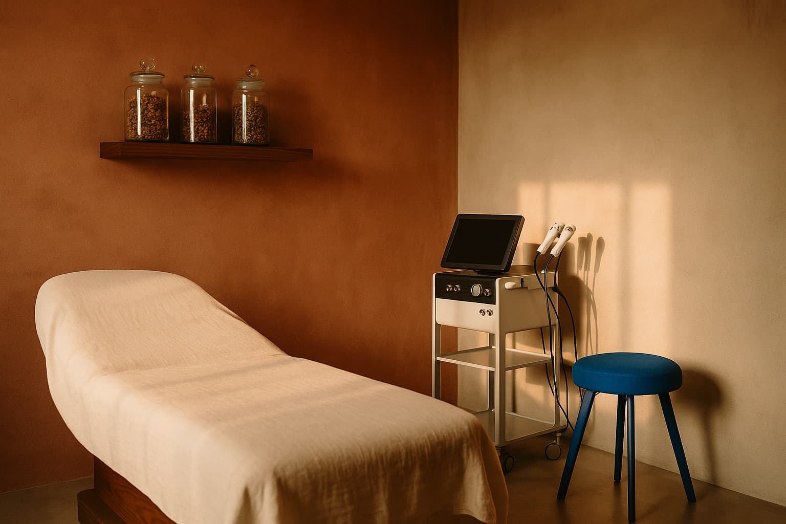 La cabina di estetica avanzata: lettino in lino, tecnologia sul carrello, sgabello blu