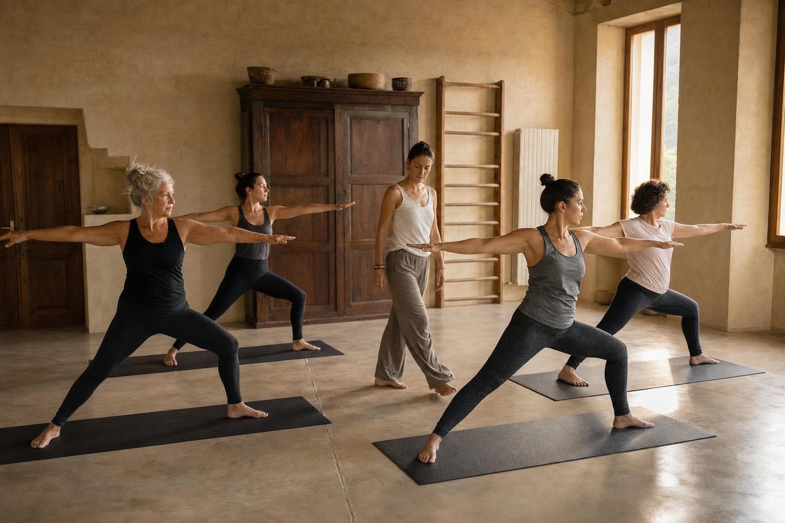 Una lezione di yoga, posizione del guerriero